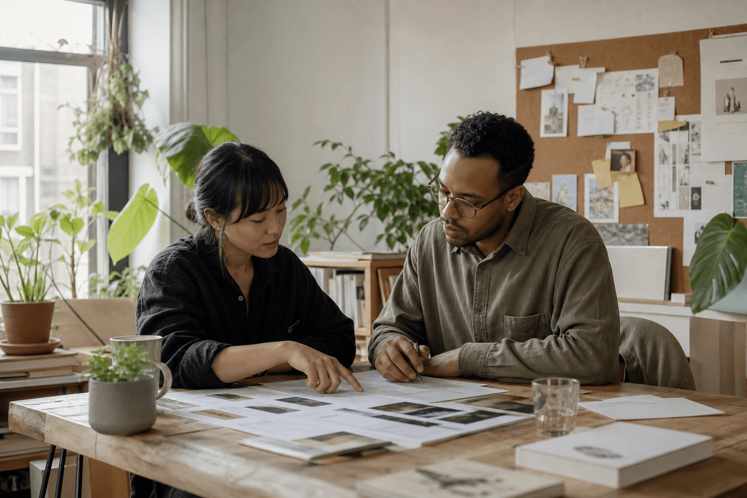 Two people at a studio table reviewing printed pages